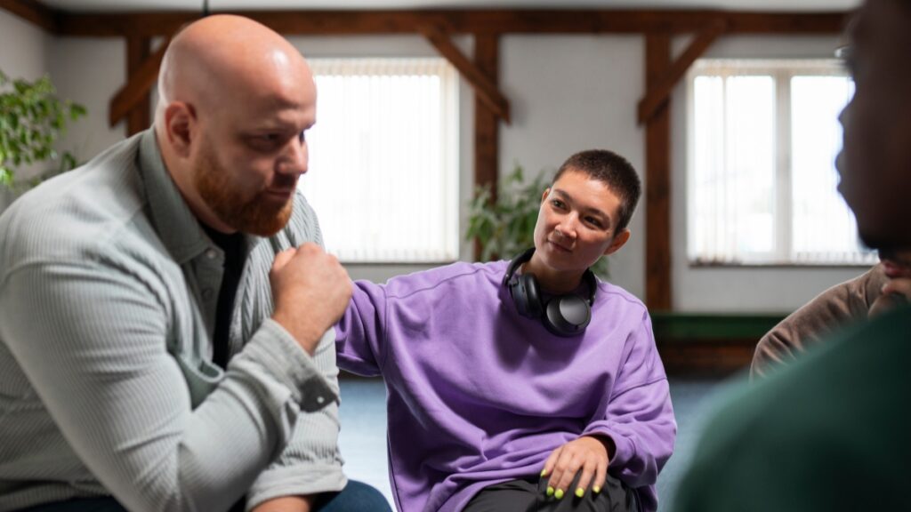 A man shares his experience during a group session for cocaine addiction treatment in Denver, Colorado 